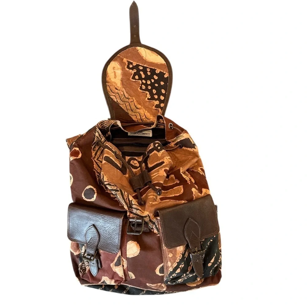 The Trading Company Brown Batik Print Cloth & Leather Backpack NWOT